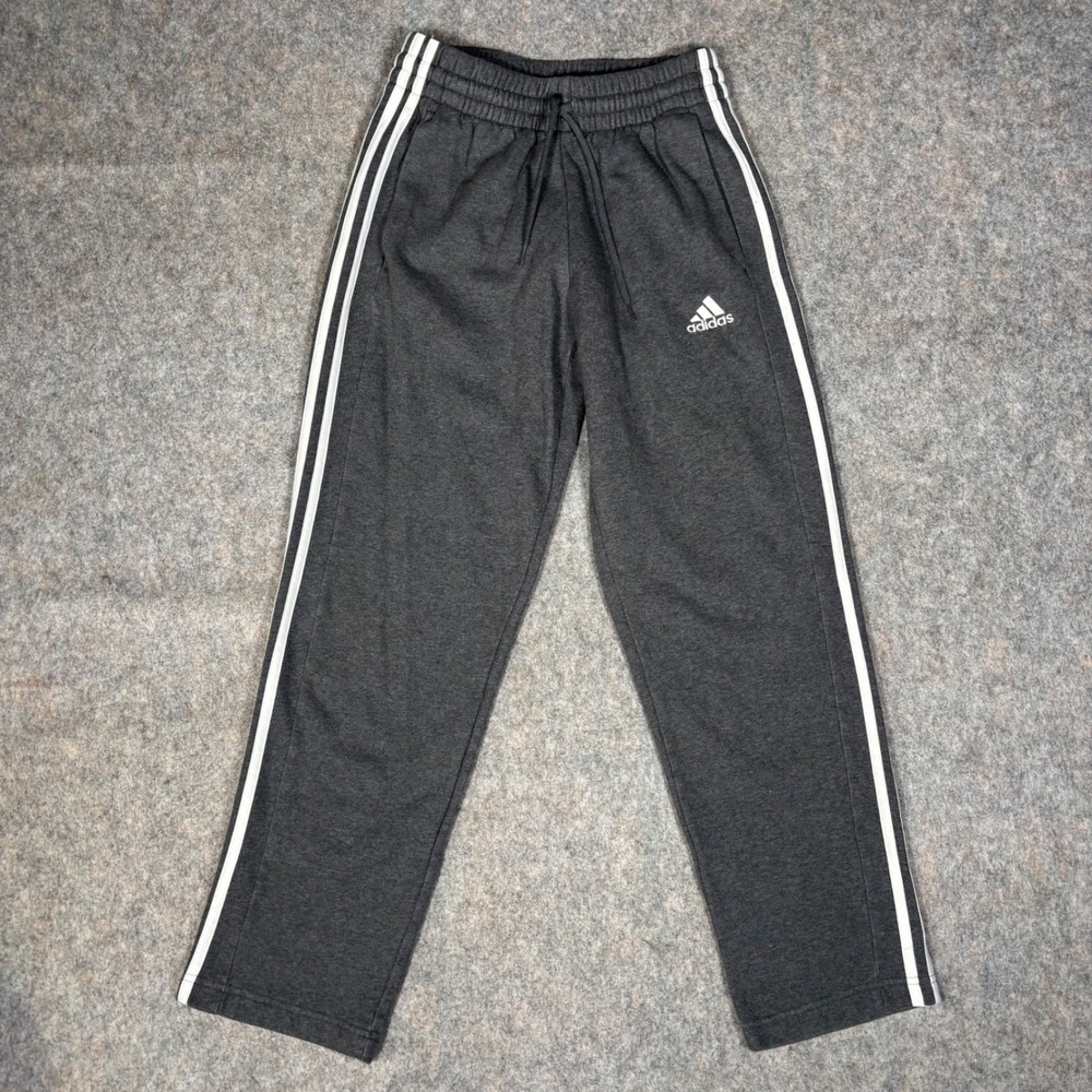 Adidas Fleece Sweatpants Mens S Grey 3-Stripe Essentials Open Hem Pants‎ Joggers
